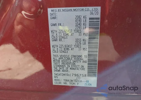 2020 Nissan Rogue Sv Fwd z USA, uszkodzony, nr VIN 5N1AT2MT0LC796758